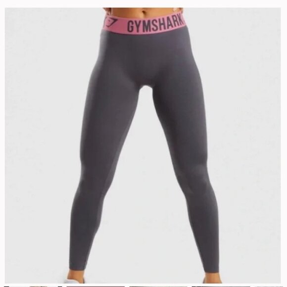 Gymshark fit leggings solid grey with pink waistband workout gym pants - Picture 2 of 15